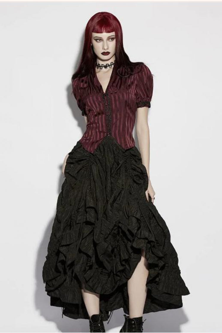 Red V Collar Short Puff Sleeves Lace Lace-Up Striped Women's Gothic Blouse - Product - 4
