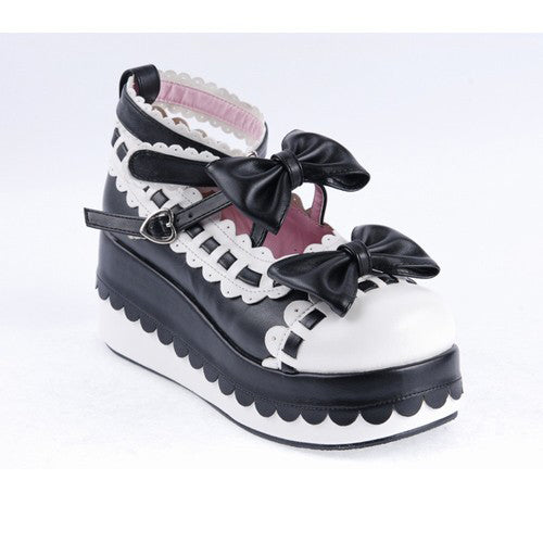 Black & White Romantic PU Round Toe Ankle Straps Bow Decoration Platform Lolita Shoes - Product - 7