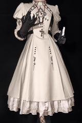 White Long Sleeves Multi-layer Moon Talisman Print Ruffle Gothic Lolita Dress - White - 1