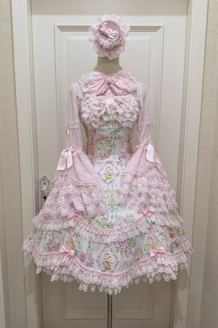 White/Pink Sleeveless Flower Wall Print Ruffle Bowknot Lace Sweet Lolita Jsk Dress - Product - 10