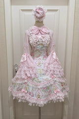 White/Pink Sleeveless Flower Wall Print Ruffle Bowknot Lace Sweet Lolita Jsk Dress - Product - 10