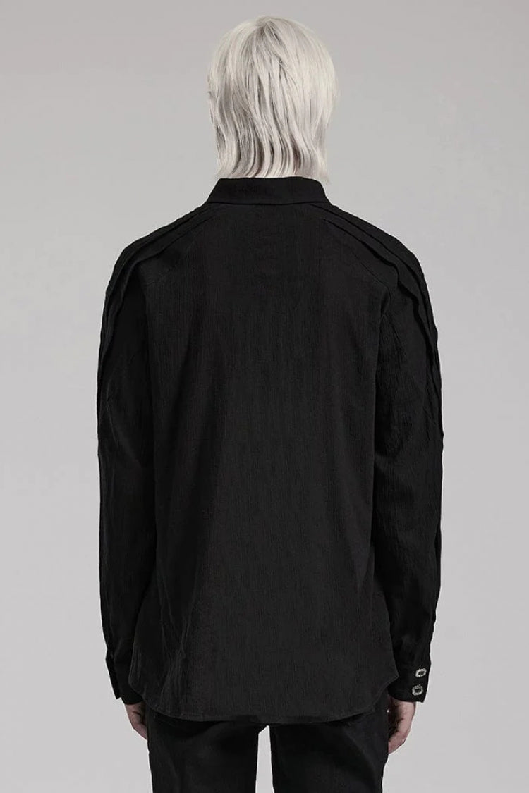 Black Lapel Collar Long Sleeves Metal Buttons Webbing Decoration Mens Gothic Blouse - Product - 3