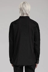 Black Lapel Collar Long Sleeves Metal Buttons Webbing Decoration Mens Gothic Blouse - Product - 3