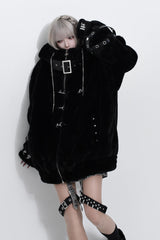 Jirai Kei Long Sleeves Hooded Zipper Punk Japanese Coat With Cross Leather Buckles 2 Colors - Black - 5
