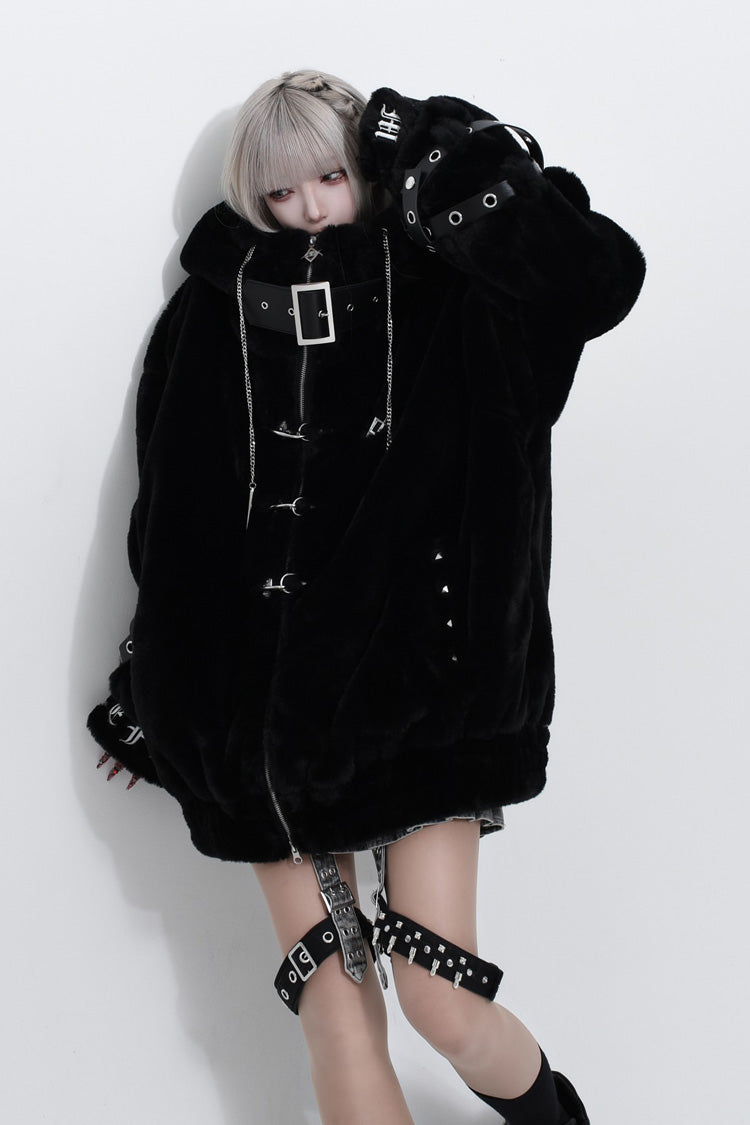 Jirai Kei Long Sleeves Hooded Zipper Punk Japanese Coat With Cross Leather Buckles 2 Colors - Black - 5