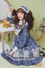 Dark Blue Classical Alarm Clock Print Long Sleeve Bowknot Sweet Lolita Op Dress - Product - 2