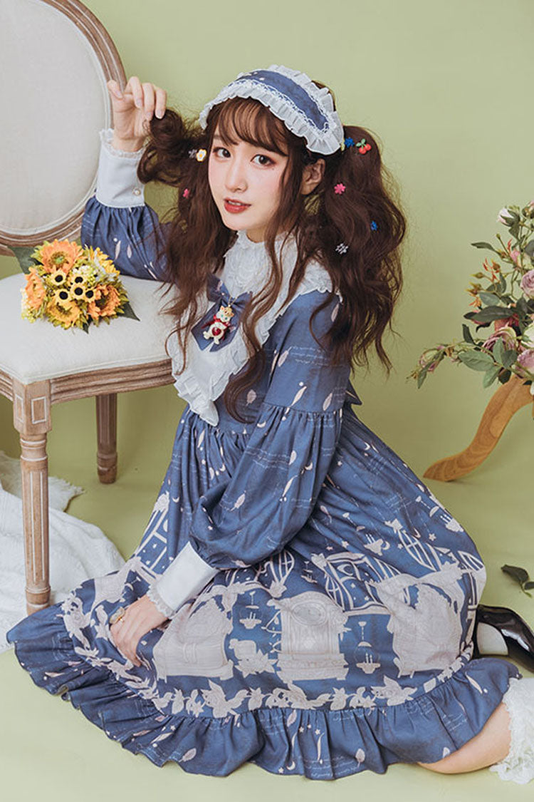 Dark Blue Classical Alarm Clock Print Long Sleeve Bowknot Sweet Lolita Op Dress - Product - 2