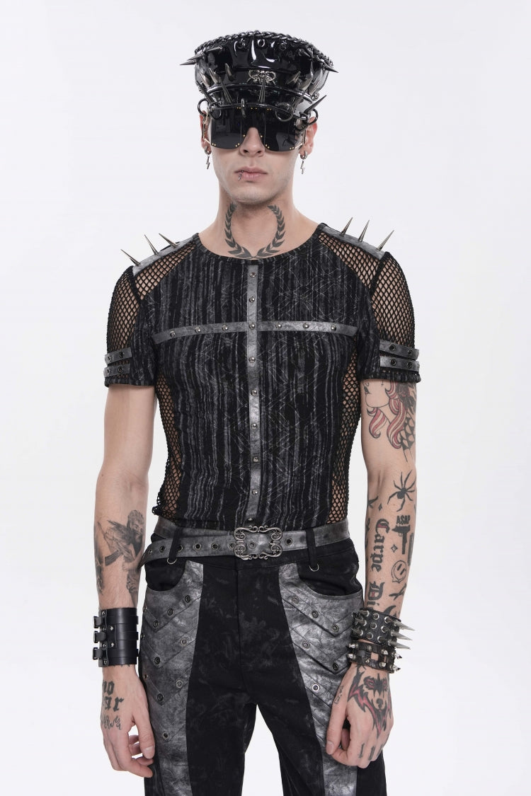 Black Round Collar Long Sleeves Spliced Slim Mesh Studded Eyelet Men's Punk T-Shirt - Black - 1