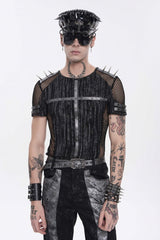 Black Round Collar Long Sleeves Spliced Slim Mesh Studded Eyelet Men's Punk T-Shirt - Black - 1