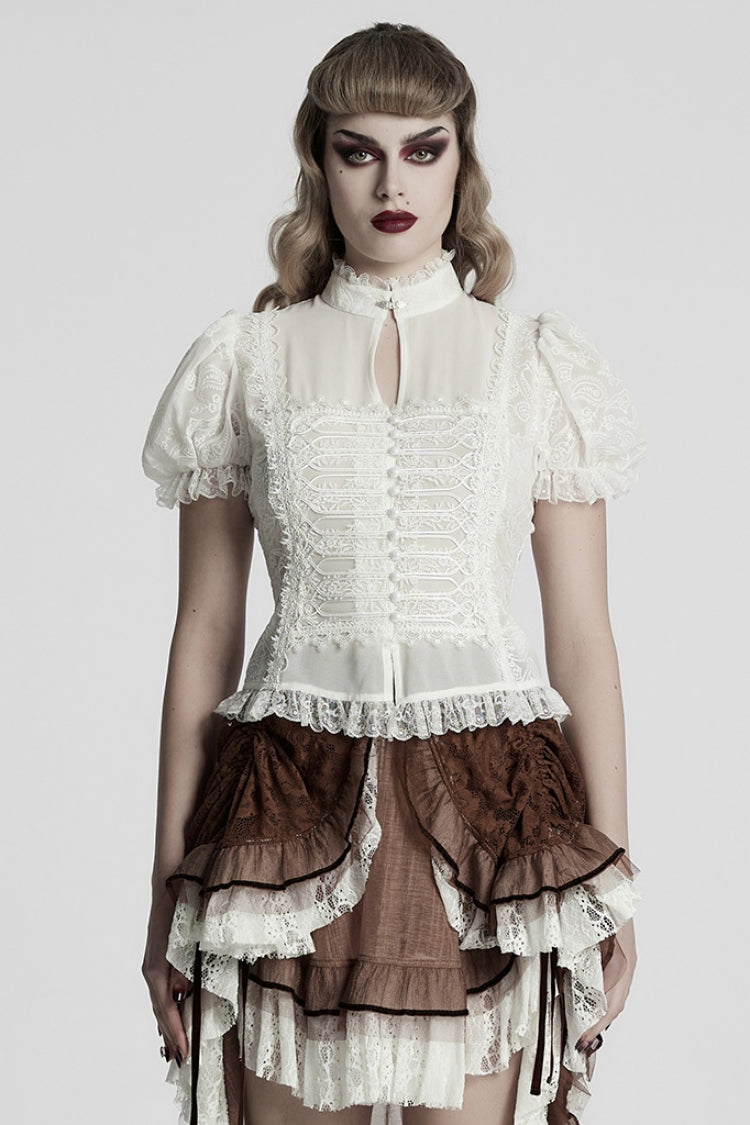 White Stand Collar Long Puff Sleeves Jacquard Lace Women's Gothic Blouse - White - 1