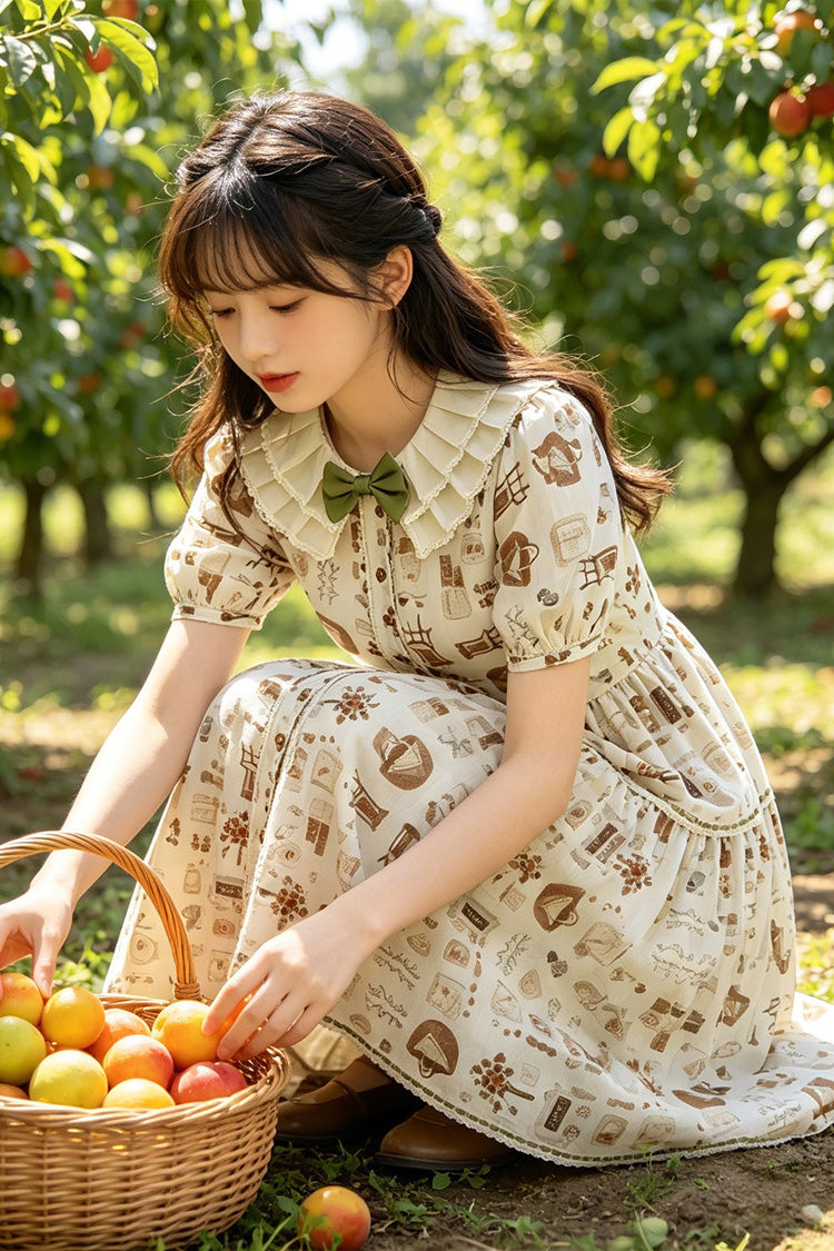 Apricot Short Sleeves Printed Ruffled Bow Sweet Plus Size Lolita Dress - Product - 5