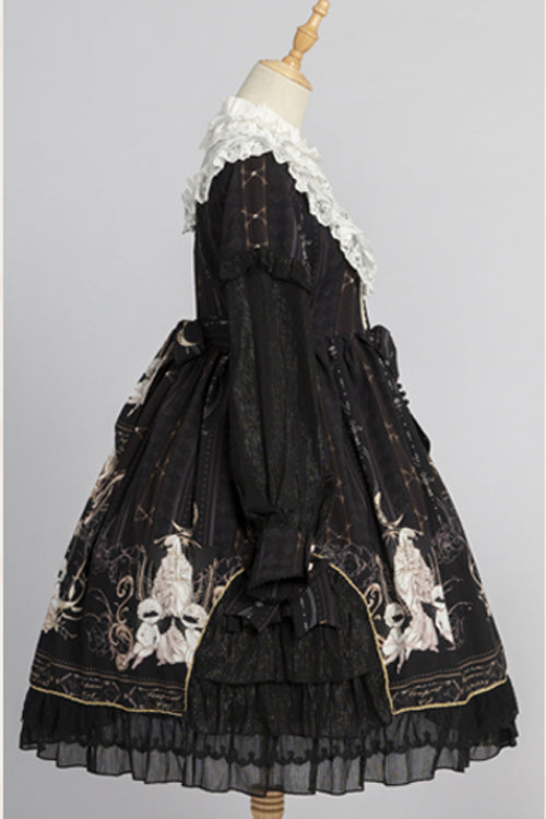 Round Collar Ruffled Long Sleeves Reunion World Print Classic Lolita OP Dress - Product - 9