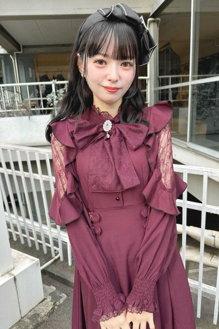 Rose Red Stand Collar Off Shoulder Long Sleeves Hollow Bowknot Slim Jirai Kei Japanese Dress - Product - 8