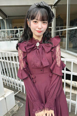 Rose Red Stand Collar Off Shoulder Long Sleeves Hollow Bowknot Slim Jirai Kei Japanese Dress - Product - 8