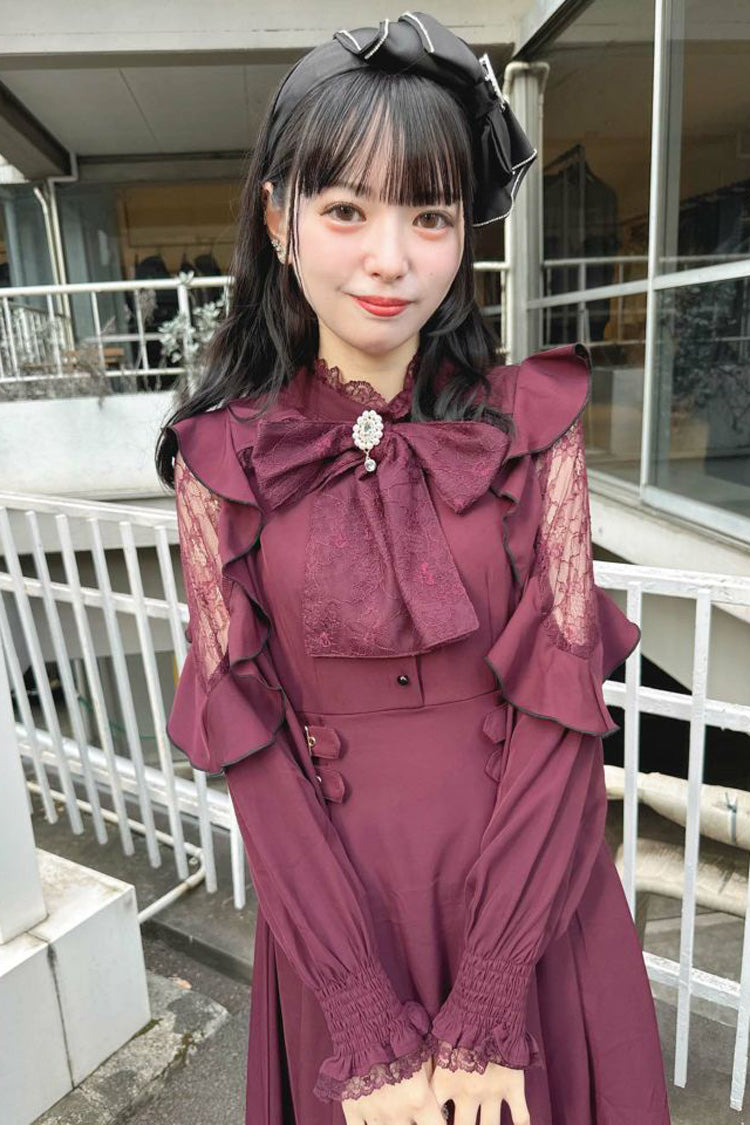 Rose Red Stand Collar Off Shoulder Long Sleeves Hollow Bowknot Slim Jirai Kei Japanese Dress - Product - 8