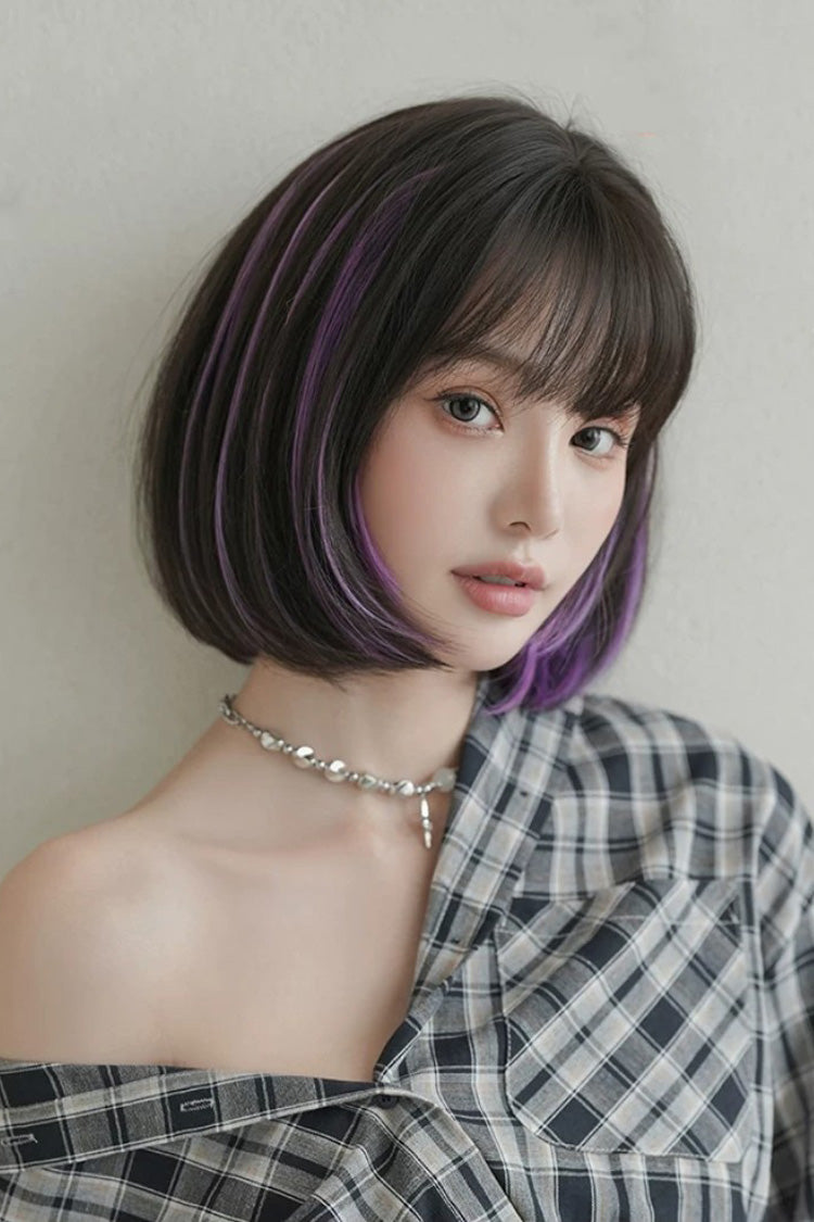 Face-Framing Highlights Layered Short Bob Sweet Lolita Wig 2 Colors - Black/Purple - 2