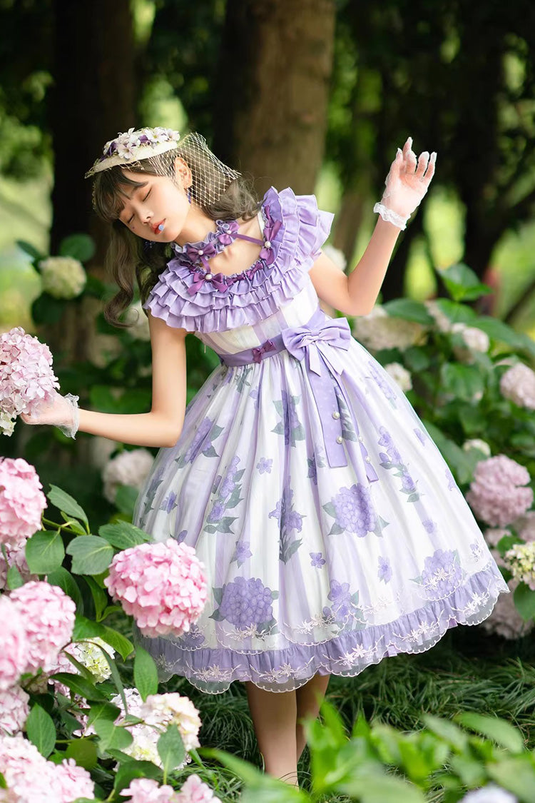 Purple [Endless Summer] Round Collar Sleeveless Hime Sleeves Printed Ruffled Bow Lace Sweet Lolita Dress - Product - 5