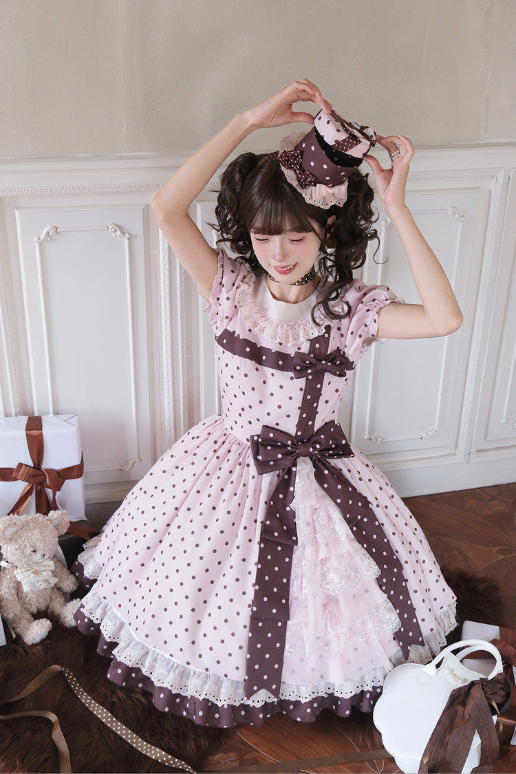 Pink [Canelé Gift Box] Round Collar Short Sleeves Double-Layered Printed Polka Dot Ruffled Open-Front Bow Asymmetric Sweet Lolita Dress - Product - 4