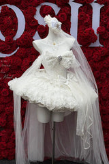 White [White Feather Promise] Sleeveless Multi-Layered Ruffled Hanayome Bow Lace Sweet Lolita Jsk Dress - Product - 6
