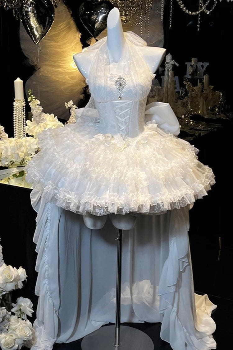 White [Dream] Halterneck Sleeveless Triple-Layered Ruffle Hanayome Lace Lace-Up Sweet Princess Lolita Dress - White - 1