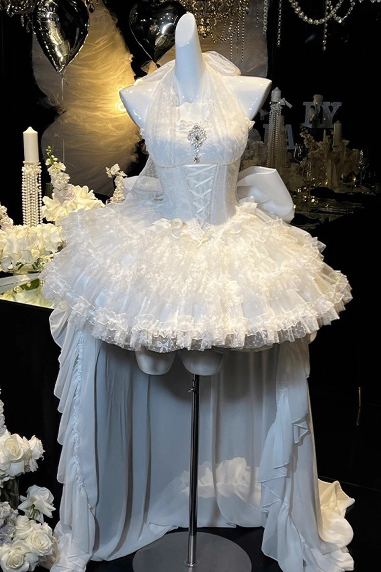 White [Dream] Halterneck Sleeveless Triple-Layered Ruffle Hanayome Lace Lace-Up Sweet Princess Lolita Dress - White - 1
