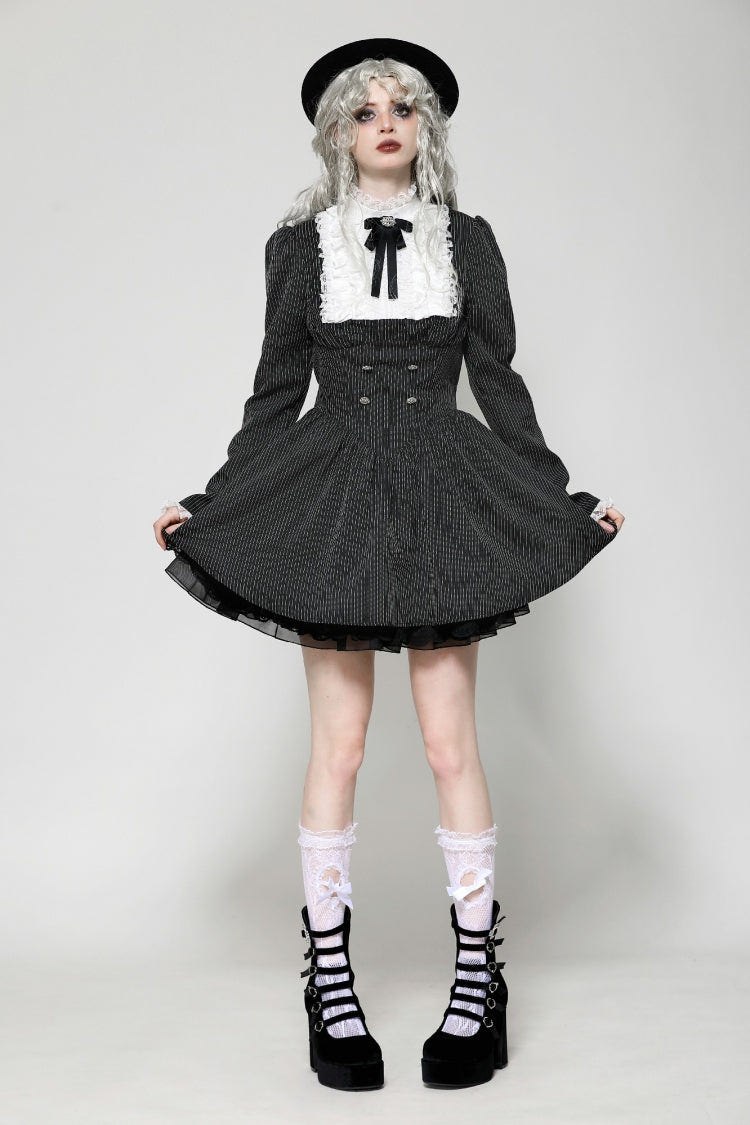 Black/White Striped Ruffled Lace Stand Collar Bow Long Sleeves Lace-Up Women's Gothic Lolita Graduation Dress - Product - 7
