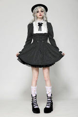 Black/White Striped Ruffled Lace Stand Collar Bow Long Sleeves Lace-Up Women's Gothic Lolita Graduation Dress - Product - 7