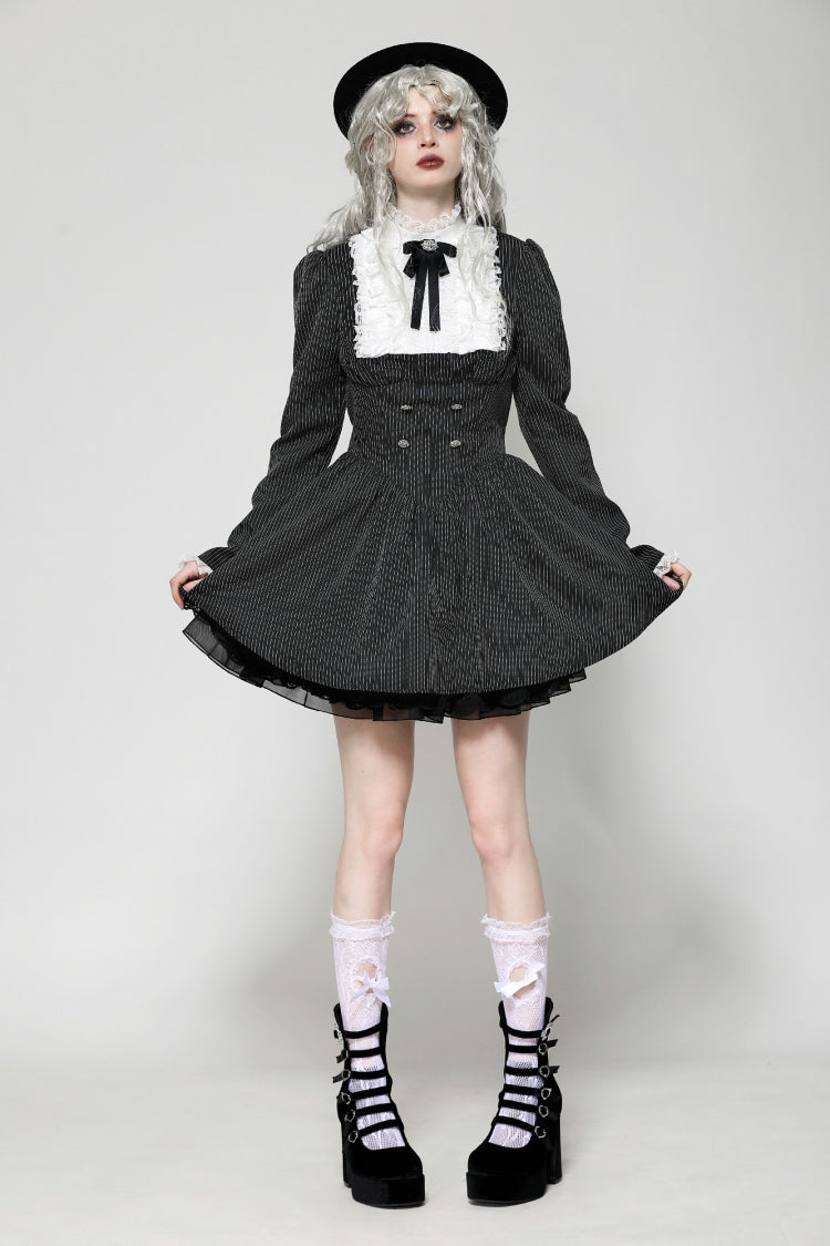Black/White Striped Ruffled Lace Stand Collar Bow Long Sleeves Lace-Up Women's Gothic Lolita Graduation Dress - Product - 7