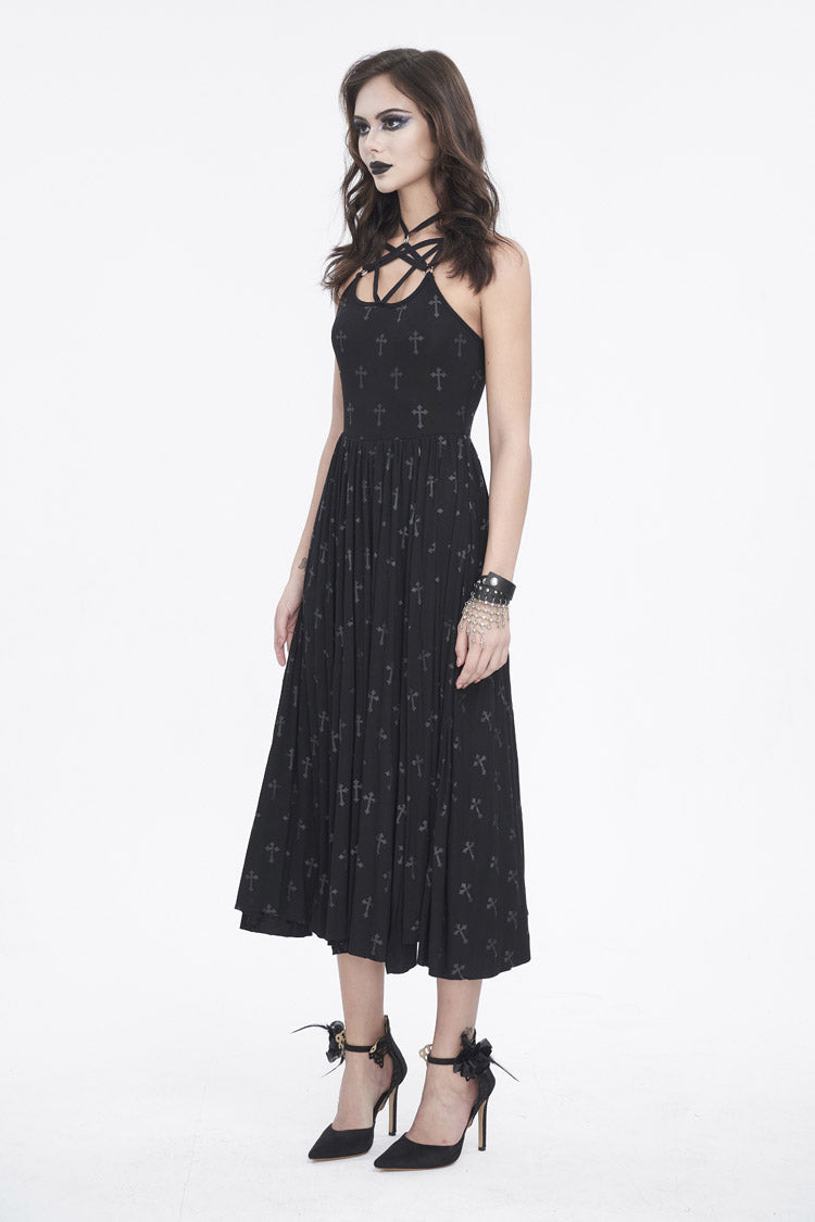 Black Print Strappy Split Womens Gothic Dress - Product - 5