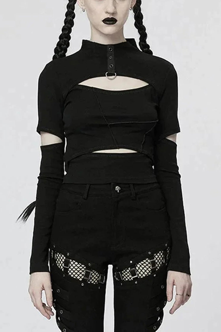 Comfortable Stitching Chain Cutout Turtleneck Ribbon Style Stretch Women's Punk T-Shirt 2 Colors - Black - 1