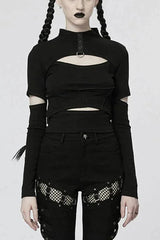 Comfortable Stitching Chain Cutout Turtleneck Ribbon Style Stretch Women's Punk T-Shirt 2 Colors - Black - 1