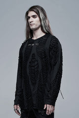 Black Round Collar Long Sleeves Double-Layered Ripped Men's Gothic Blouse - Product - 2