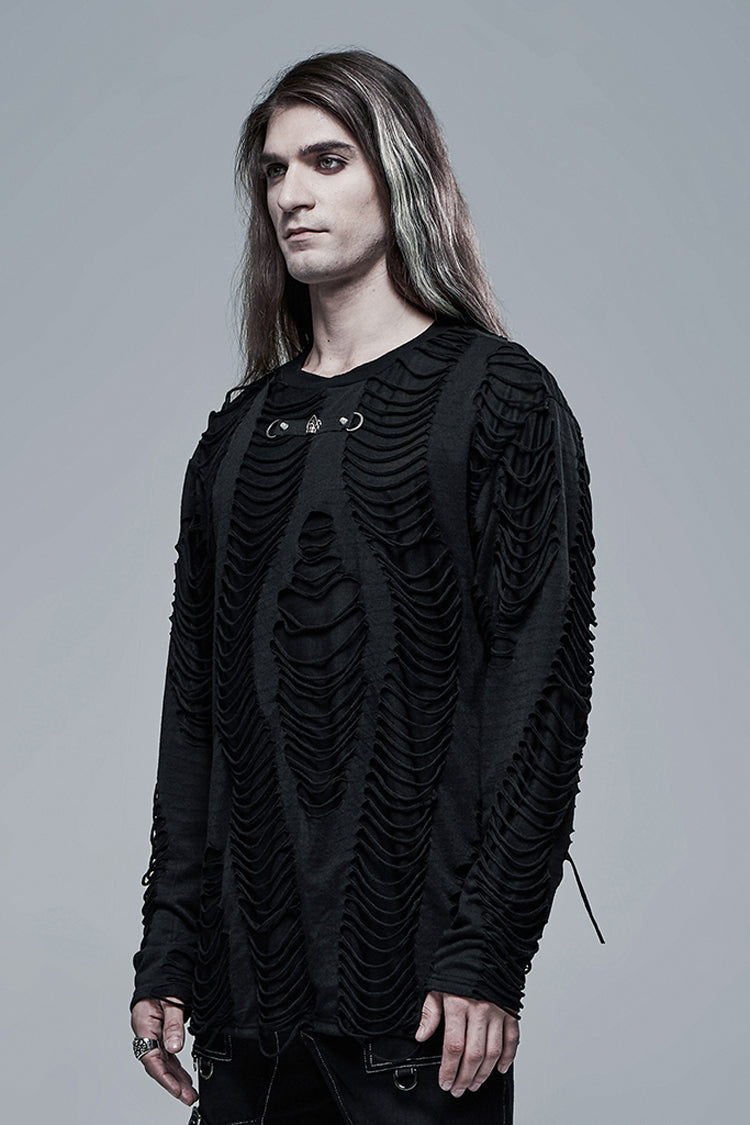 Black Round Collar Long Sleeves Double-Layered Ripped Men's Gothic Blouse - Product - 2