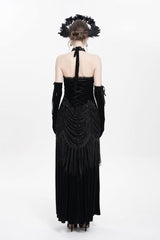 Black Sleeveless Hollow Floral Embroidery Lace-Up Pleated Women's Gothic Maxi Dress - Product - 4