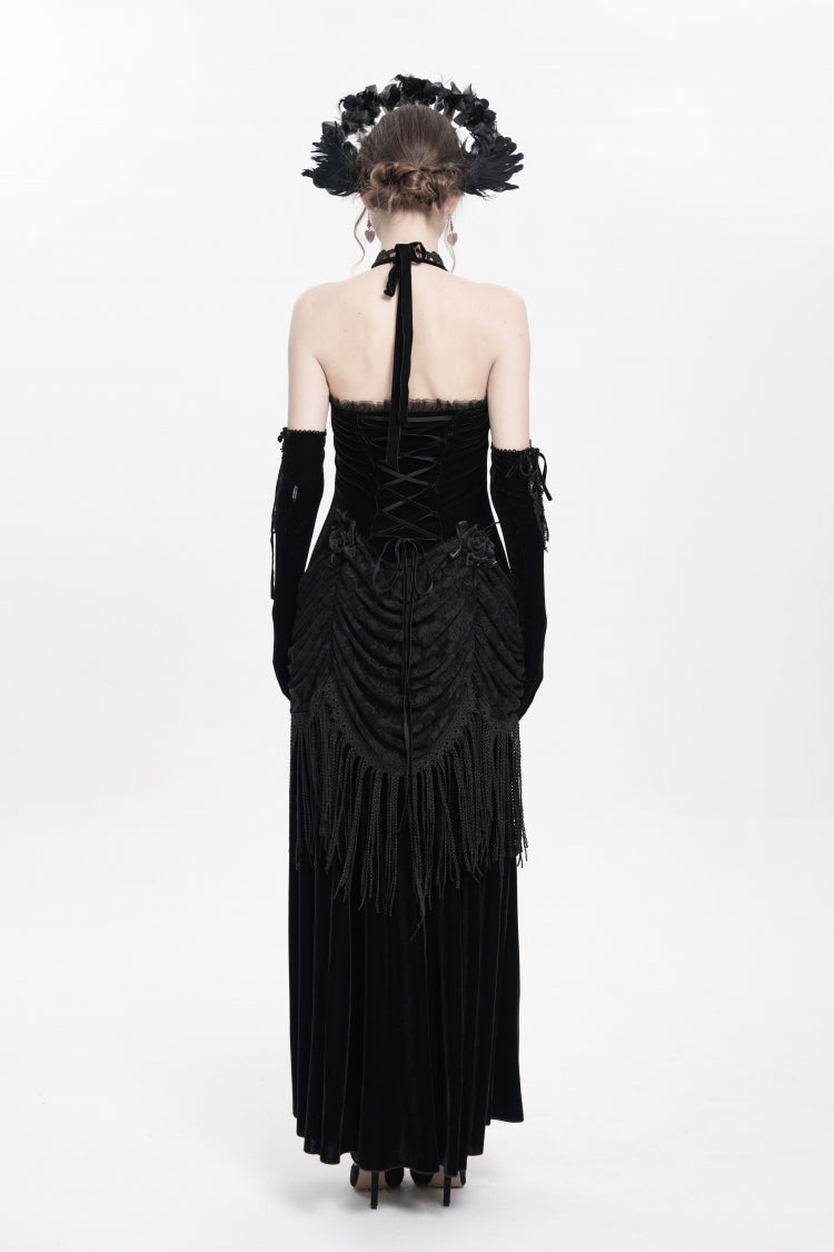 Black Sleeveless Hollow Floral Embroidery Lace-Up Pleated Women's Gothic Maxi Dress - Product - 4