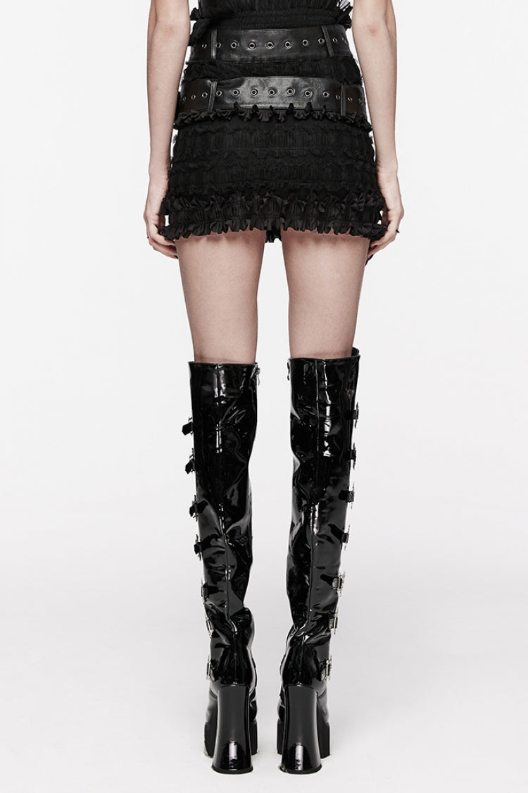 Black Ruffle Mesh Women's Gothic Skirt with Belts - Product - 3