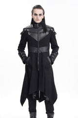 Black Stand Collar Eyelets Buckle-up Ring Long Sleeves Stitching Men's Gothic Coat - Product - 7