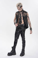 Black Spliced Mesh Studded Buckled Zippered Chain-Decorated Eyelet Men's Punk Cool Vest - Product - 2