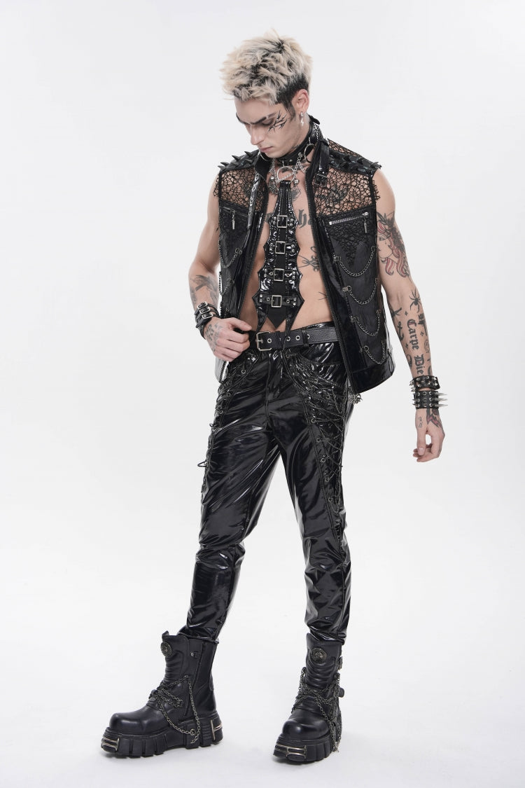 Black Spliced Mesh Studded Buckled Zippered Chain-Decorated Eyelet Men's Punk Cool Vest - Product - 2