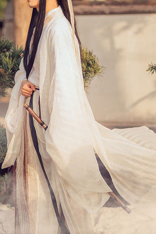 Beige Chinese Style Ancient Costume Knight Wide Sleeved Classic Mens Hanfu Full Set - Product - 3