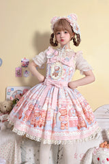 [Bear Anniversary Celebration] Sleeveless Printed Ruffled Bow Sweet Lolita Strap Dress 2 Colors - Blue/Pink - 1