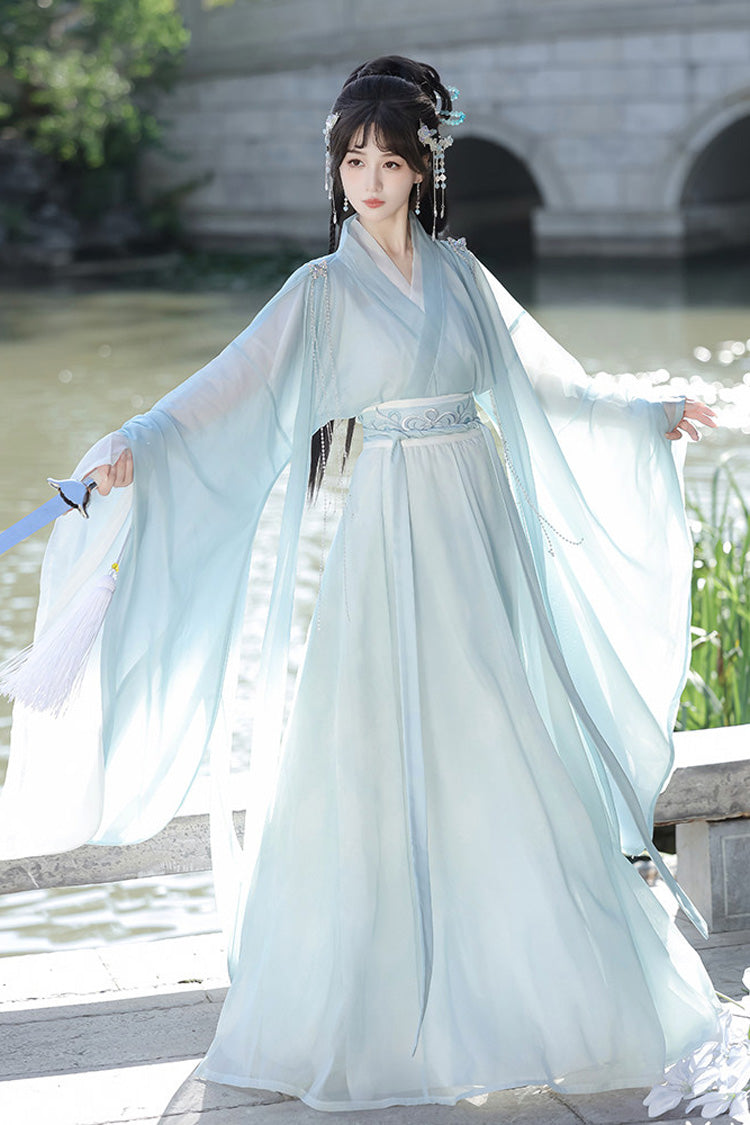 [Spring Harmony] Long Trumpet Sleeves Embroidered Chinese Inspired Hanfu Dress Set 2 Colors - Product - 5