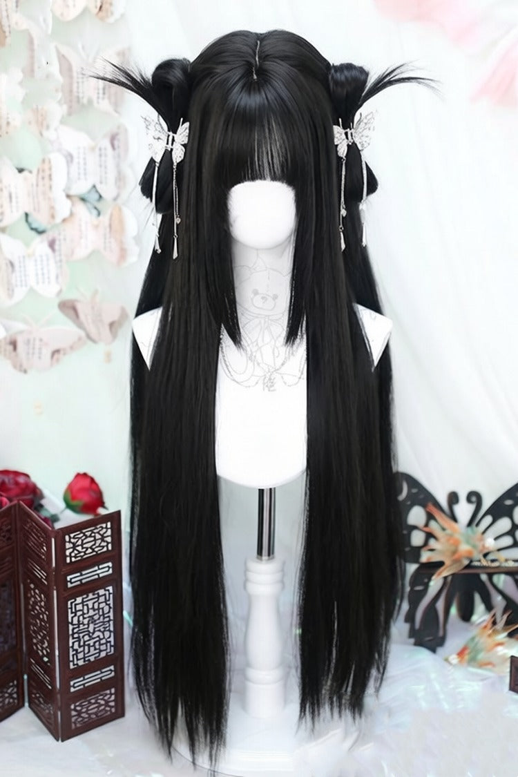 Natural Black Phoenix Tail Style Long Straight Sweet Lolita Wig with Airy Bangs - Product - 2