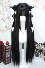 Natural Black Phoenix Tail Style Long Straight Sweet Lolita Wig with Airy Bangs - Product - 2