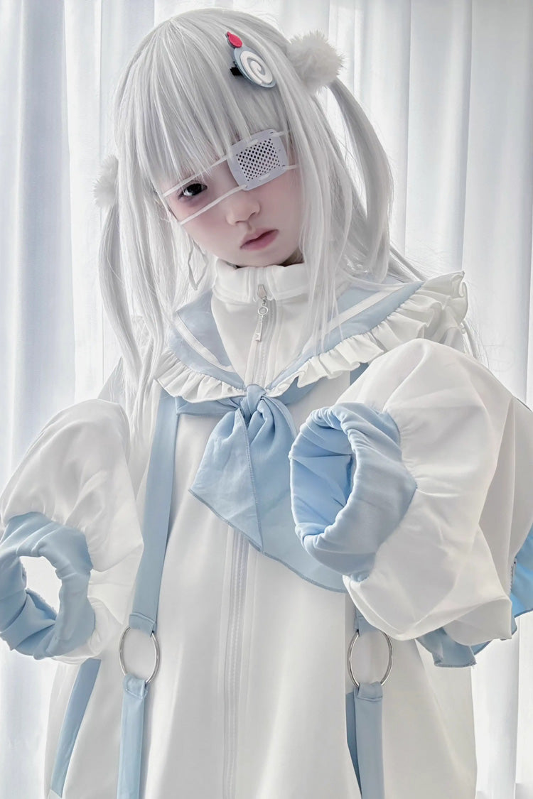 White/Blue Letter from an Angel Long Sleeves Print Jirai Kei Handsome Coat - Product - 6