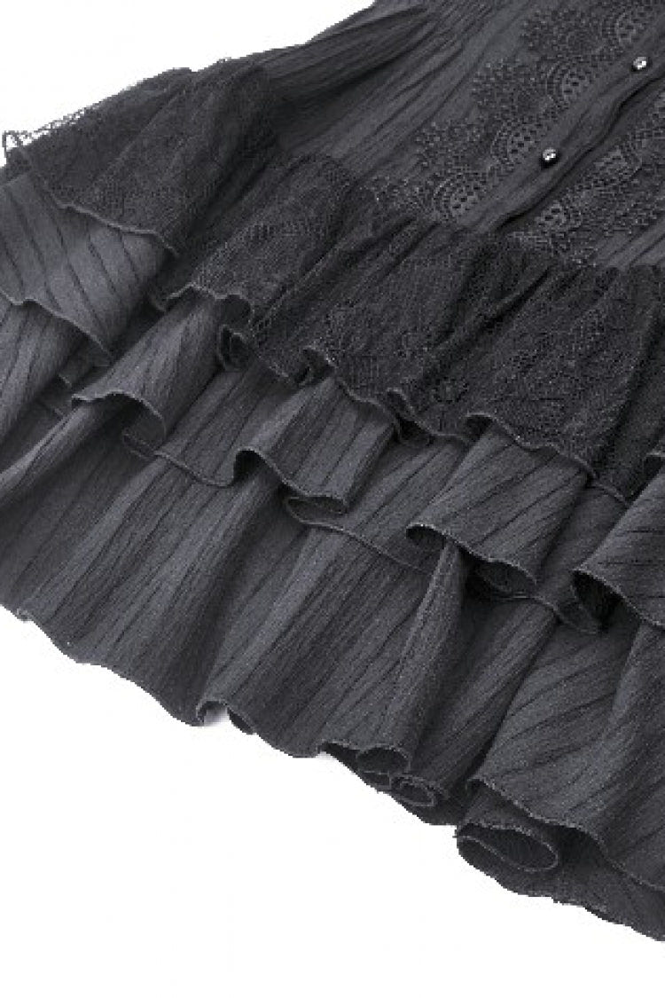 Black Lace Ruffled Stand Collar Bow Sleeveless Triple-Layered Hem Women's Gothic Dress - Product - 16