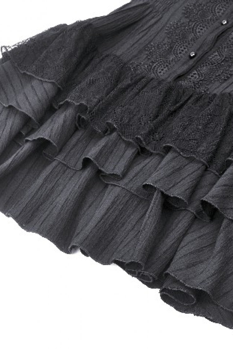 Black Lace Ruffled Stand Collar Bow Sleeveless Triple-Layered Hem Women's Gothic Dress - Product - 16