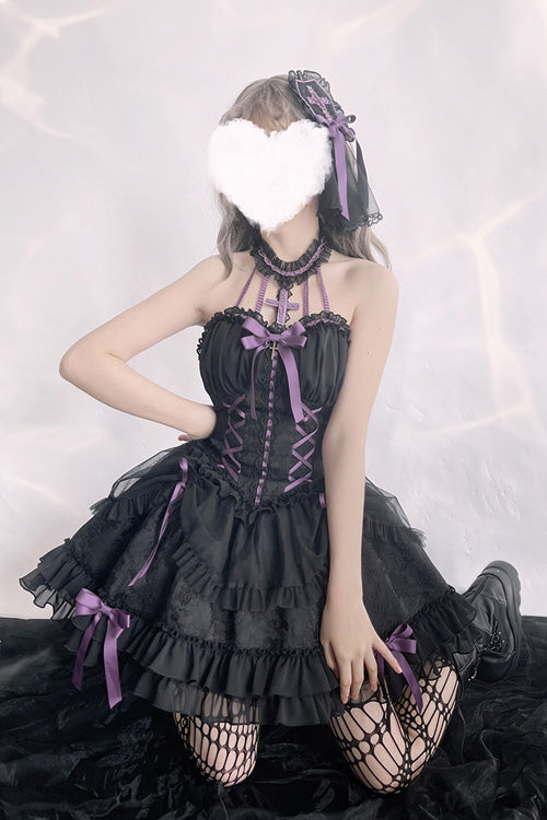 Black Purple Tube Top Sleeveless Blowknot Ruffled Gothic Lolita Tiered Dress - Product - 7
