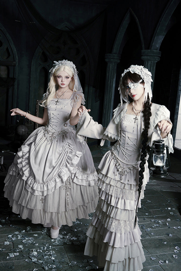 Solid Color [Bionic Doll] Square Collar Multi-Layered Ruffle Bowknot Lace-Up Gothic Lolita Long Skirt Corset Set - Product - 20