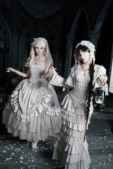 Solid Color [Bionic Doll] Square Collar Multi-Layered Ruffle Bowknot Lace-Up Gothic Lolita Long Skirt Corset Set - Product - 20